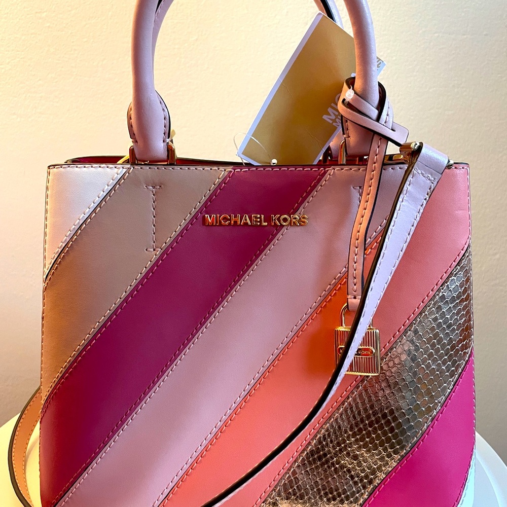 Michael Kors Adele Messenger cross body handbag in pink & gold